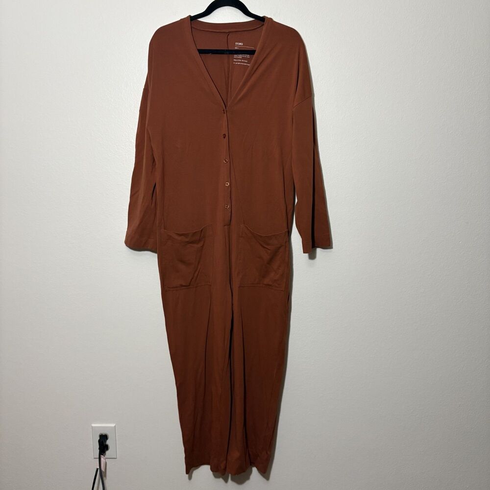 Storq Utility Jumpsuit Orange 4 Large Button Front Long Sleeves Maternity